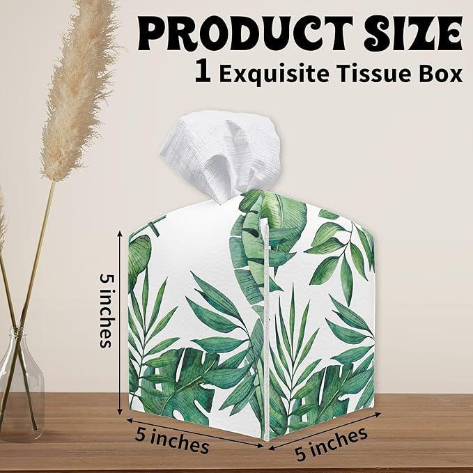 Greenery Square Tissue Box Holder Cover, Tissue Cube Box Organizer for Bathroom, Living Room, Office, Countertop, Car, Night Stands, Modern Home Desk Tabletop Decor - A01