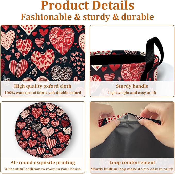 Red Heart Laundry Basket with Sturdy Handles, Collapsible Oxford Cloth Laundry Hamper Organizer Basket for Bathroom Bedroom 15.7x20 Inch
