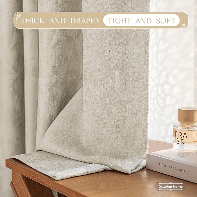 Beauoop Beige Floral Jacquard Blackout Curtains 96 Inches Long 2 Panels for Bedroom Living Room Taupe Flower Chenille Room Darkening Thermal Insulated Soundproof Grommet Window Treatments Drapes 52x96