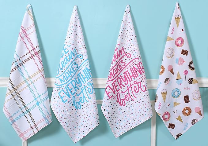ACCENTHOME Kitchen Towels Set of 4 Super Absorbent Durable Towels Perfect for Kitchen Mess & Drying Dishes 50x70 cm Stripe & Check Pattern Sweet Dessert Print