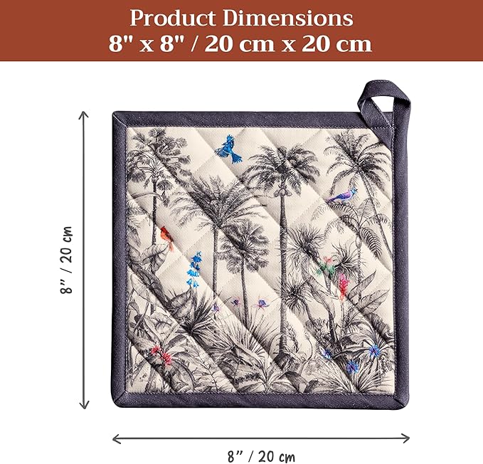 Maison d' Hermine Pot Holders Set 100% Cotton Heat Resistant Potholders 8" x 8" Hot Pads with Loop for Thanksgiving Christmas Decorations BBQ Cooking Baking Handling Hot Pans (Pack of 2, Amazonia)
