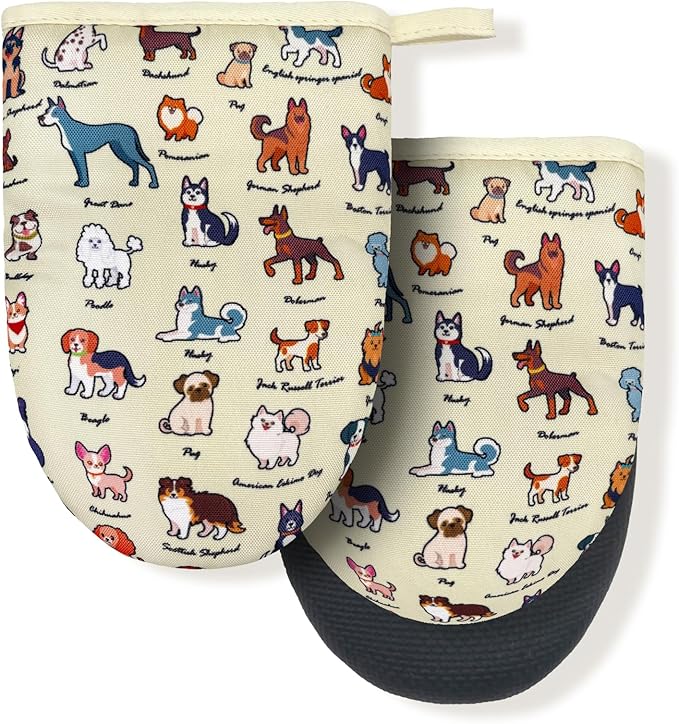 Dog Flowe Beige Boston Terrier Dachshund Mini Silicone Oven Mitts, Heat Slip Resistant Kitchen Gloves 2-Pack Set, Soft Short Small Oven Mittens Pot Holders for Baking Grilling Barbecue Microwave Gift