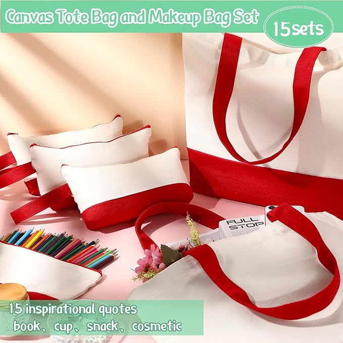 Sanwuta Canvas Tote Bags Bulk with Zipper Cosmetic Pouch 18.5" Reusable Cotton Shopping Bag with Handle for DIY Craft