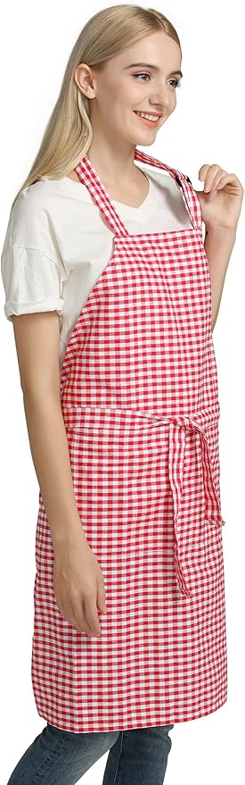 Vintage Gingham Kitchen Aprons Chef Bib Canvas Aprons Christmas Holiday Home Decorative 100% Pure Cotton Aprons in Large Size with Pockets Adjustable Neck Strap Long Ties Aprons(Red)
