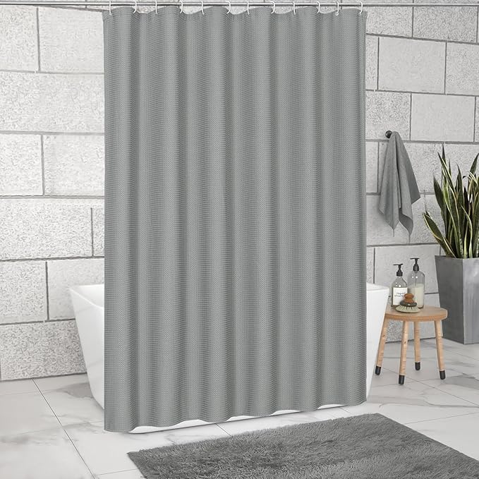 MitoVilla Grey Waffle Heavy Fabric Shower Curtains, Waffle Weave Weighted Hotel Cloth Shower Curtain for Modern Neutral Bathroom Decor, Waterproof & Wrinkle Resistant, 72 x 72