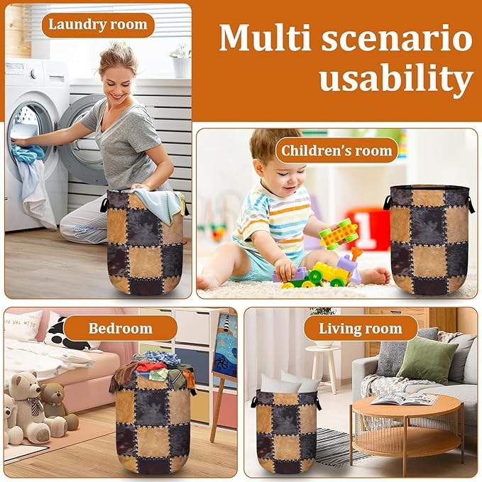 Cowhide Patchwork Laundry Basket with Sturdy Handles, Retro Cow Print Collapsible Oxford Cloth Laundry Hamper Organizer Basket for Bathroom Bedroom 15.7x20 Inch
