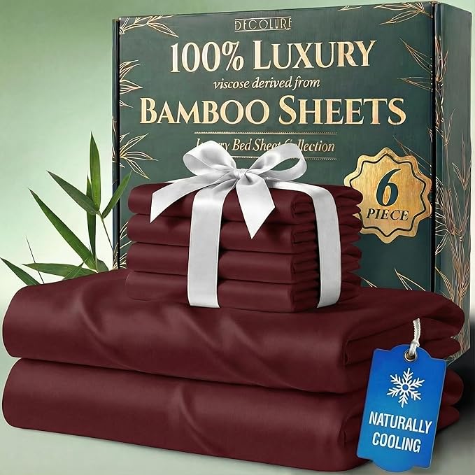 DECOLURE 100% Viscose Derived from Bamboo Sheets California King Size - Luxury 6 Pc Naturally Cooling Sheets, Ultra Soft Bed Set - Deep 17" Pockets, Double Stitching, Oeko Tex Standard (Burgundy)