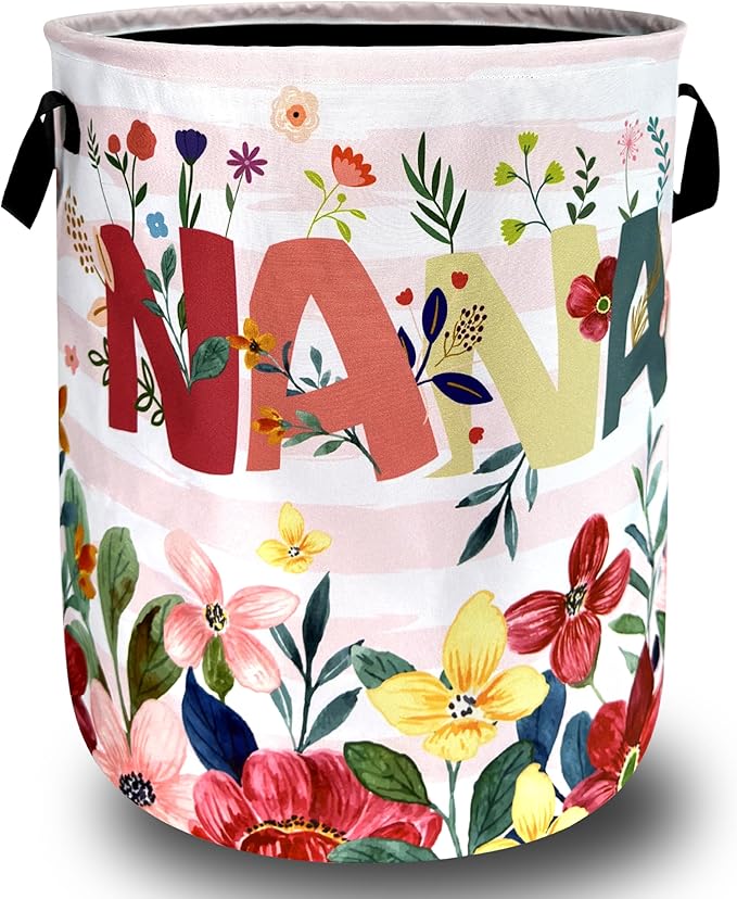 Cute Floral Flowers Laundry Hamper Foldable Oxford Cloth Colorful NANA Laundry Basket With Handle Portable Clothes Storage Basket Funny Laundry Bag 18.9"x16.5" For Laundry Room/Bedroom/Bathrooms