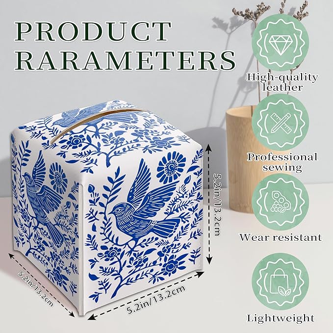 Blue Tissue Box Holder, Scandinavian Boho Bird Leather Tissue Box Cover Square, Paper Napkins Everyday Dispenser for Bathroom Vanity Countertop Night Stands Kitchen Office Car Home Decor