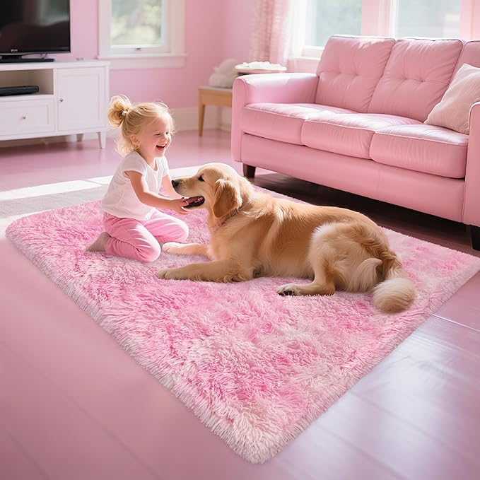 3x5 Fluffy Pink Rugs for Bedroom Girls, Soft Pink Fuzzy Rug for Girls Kids Baby Room, Kawaii Fuzzy Thick Shag Carpet Plush Mat Non-Slip Throw Rugs for Nursery Playroom Dorm Home
