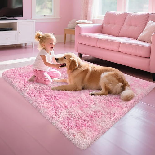 3x5 Fluffy Pink Rugs for Bedroom Girls, Soft Pink Fuzzy Rug for Girls Kids Baby Room, Kawaii Fuzzy Thick Shag Carpet Plush Mat Non-Slip Throw Rugs for Nursery Playroom Dorm Home