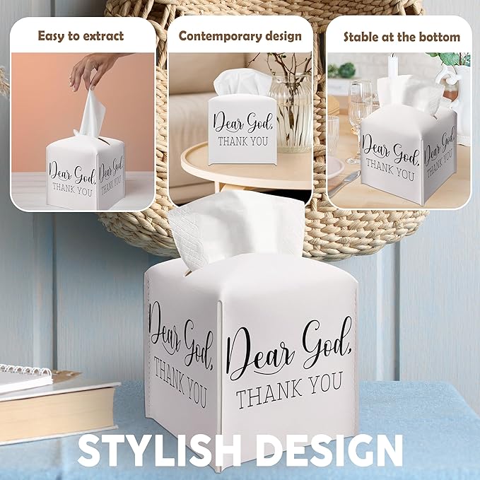 Christian Gifts Square Tissue Box Cover, Inspirational Gift Ideas for Friends, Thank You Dear God, Bathroom Office Desk Decor, Housewarming New Home Favor-(5.2 Inches)