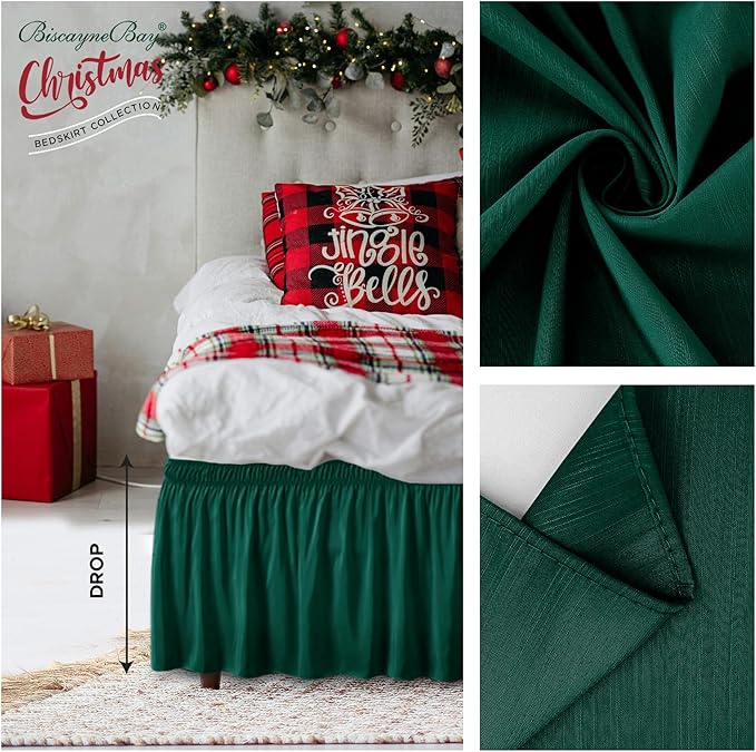 Biscaynebay Wrap Around Bed Skirts for Full & Full XL Beds 15" Drop, Christmas Hunter Green Adjustable Elastic Dust Ruffles Easy Fit Wrinkle & Fade Resistant Silky Luxurious Fabric Machine Washable
