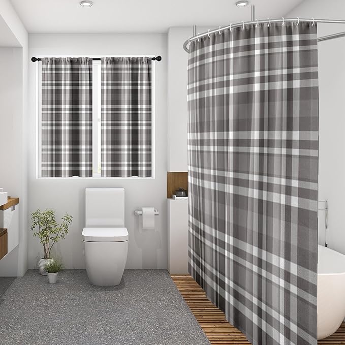 Culudea Grid Gray White Plaid Shower Curtain Set, Geometric Farmhouse Bathroom Window Waterproof Waffle Textured Cloth Shower Curtains for Bathroom Decor