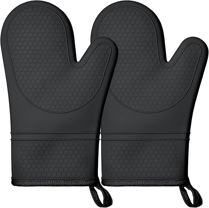 1 Pair Silicone Oven Mitts, Heat Resistant to 500°F, BPA-Free, Waterproof Oven Gloves with Quilted Cotton Lining, Non-Slip Grip for Cooking, Baking, Grilling (Black)
