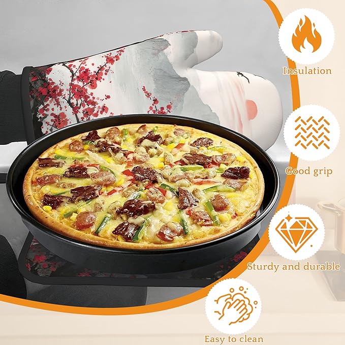 Cherry Blossom Moutain Oven Mitts and Pot Holders,Red Sun Japan Heat Resistant Oven Mitts Gloves and Pot Holder for Home Kitchen Decorations Cooking Baking BBQ Gifts,Set of 4