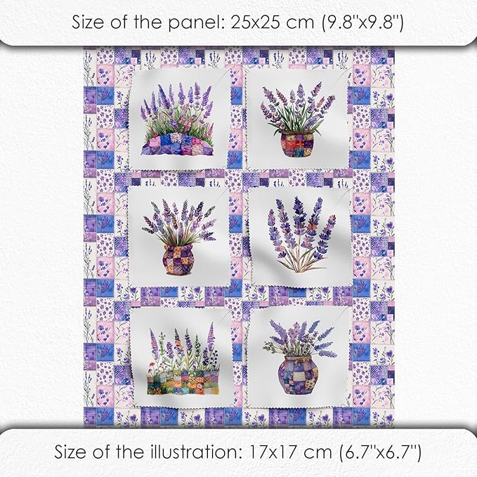 Lavender Patchwork Cotton Fabric Panel – 6 Designs (10×10 inch Each) + Bonus Sheet 29.5×19.6 inch, 100% Cotton 140 GSM, Made in Türkiye