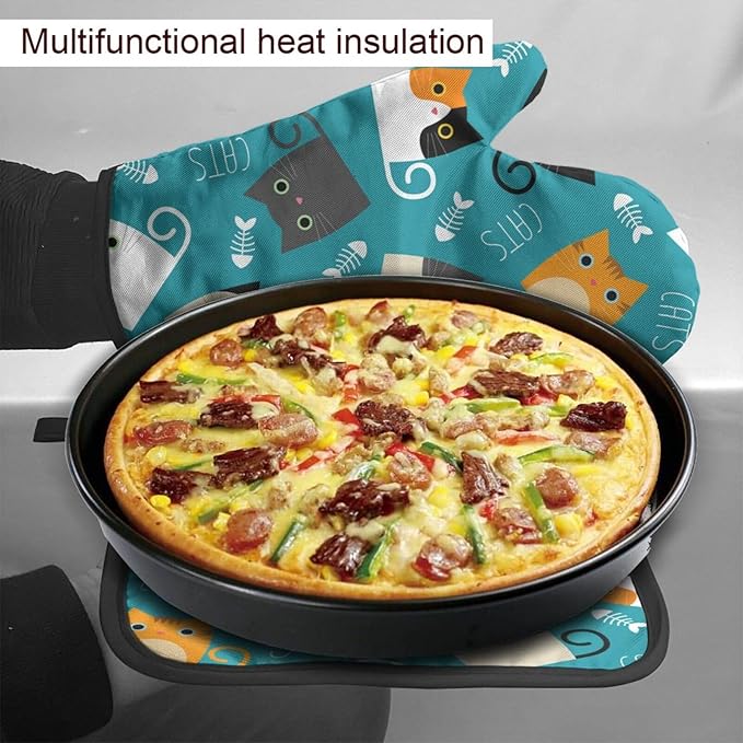 Cute Cats Oven Mitts and Pot Holders Funny Kitten Insulated Gloves & Kitchen Counter Safe Mats for Cooking BBQ Baking Grilling (2-Piece Set)