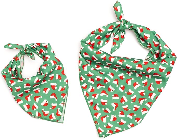 THE WORTHY DOG Classic Tie-On Dog Bandana – Soft Cotton Flannel Square Pet Bandana, Santa Hats Pattern, Green, Small