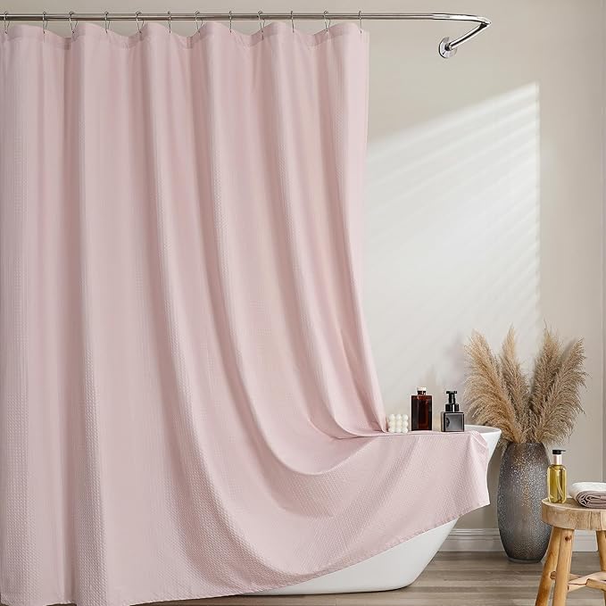 Ebesto Extra Long Pink Shower Curtain 96 Inch Long 1 Piece, Waffle Embossed Textured Fabric Shower Curtain for Bathroom Large Hotel, Water Resistant, Machine Washable, 72Wx96L Inches