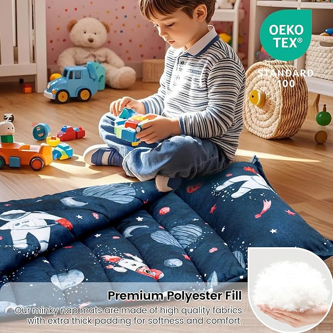 david's kids Toddler Nap Mat Set with Removable Pillow, Ultra Soft Slumber Bags for Boys，Perfect for Preschool, Daycare, Kids Sleeping Bags with Rollup Design, 50"x20", Space