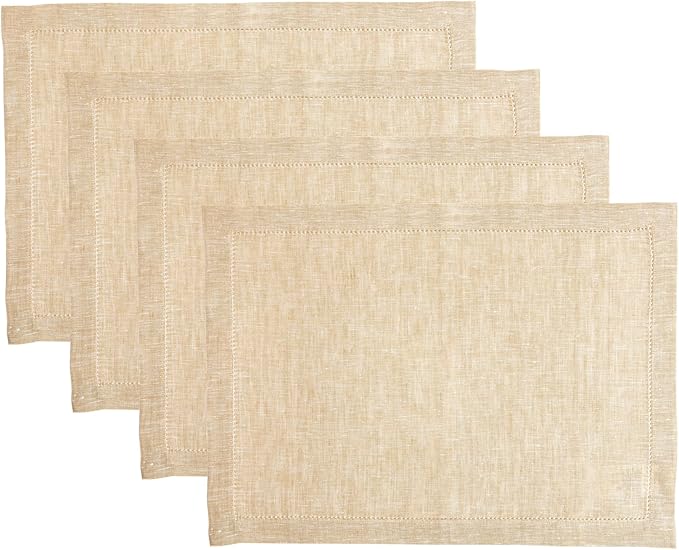 Solino Home Linen Placemats Set of 4 - Milan Hemstitch Champagne Beige Placemats 14 x 19 Inch - 100% Pure Linen Table Mats for Spring, Easter