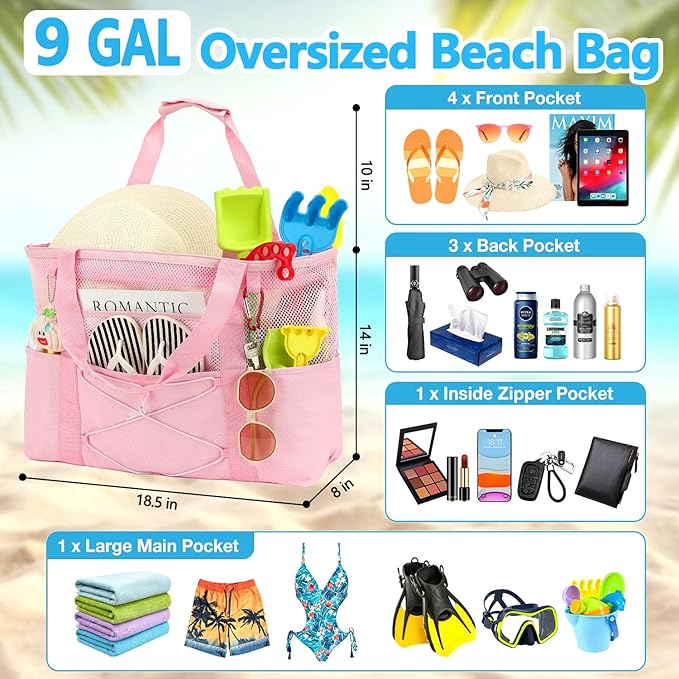 Fammart Mesh Beach Bag, Large Beach Tote with Zipper Pocket for Family Pool Bag for Toys & Vacation Essentials