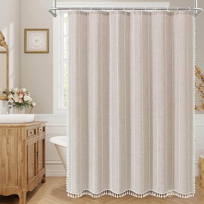 MitoVilla Boho Extra Long Shower Curtain 72 x 96, Taupe Modern Farmhouse 96 inch XL Polyester Linen Texture Tassel Fabric Shower Curtain Set with Hooks for Cottagecore Country Bathroom Decor,Taupe