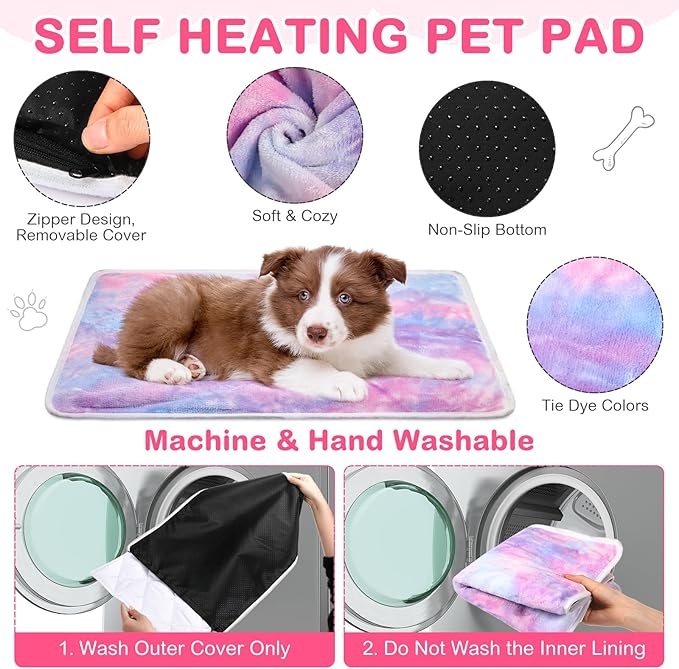 Clysee 4 Pack Self Heating Cat Bed Cat Self Warming Pad with Removable Cover Extra Warm Thermal Pet Pad Washable Pet Crate Mat Anti Slip Kennel for Indoor Outdoor Pets(Tie Dye,20 x 28 Inches)