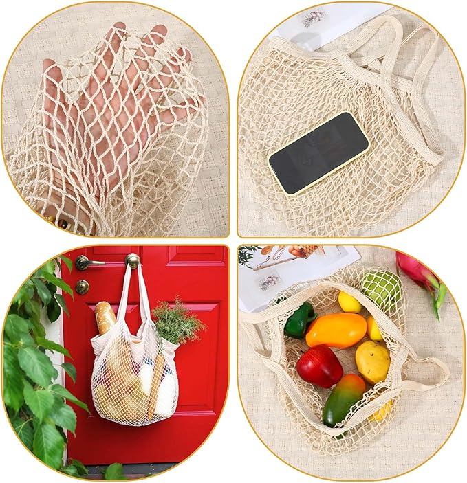 Lemecima 10 Pieces Reusable Mesh Grocery Bags Portable Cotton Produce Containers Washable Net Mesh Reusable Tote Bag with Handle String Shopping Organizer for Fruit Vegetable Shopping Storage Market
