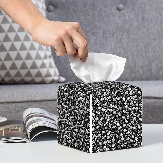 POIUBLE Leather Tissue Box Holder Black and White Flowers Tissue Box Cover Square Waterproof Tissue Holder Organizer Modern Napkin Holder for Bedroom Dresser Night Stand Office Desk