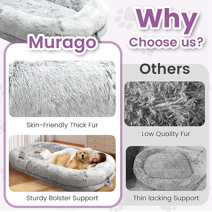 Murago Human Dog Bed for Adults, 43 x 10 x 75 Long Human Size Dog Bed, Removable Cover, Orthopedic Design, Light Grey