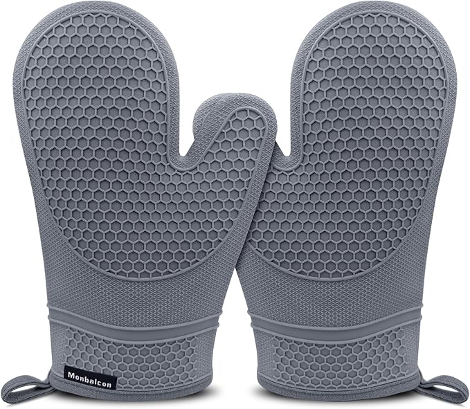 Silicone Oven Mitts Heat Resistant to 500ºF Kitchen Gloves Oven Gloves Silicone Oven Mitt Pair Oven Mitts Set Thickened Waterproof Mittens for Women Men Kitchen Home, 1 Pair (Grey)