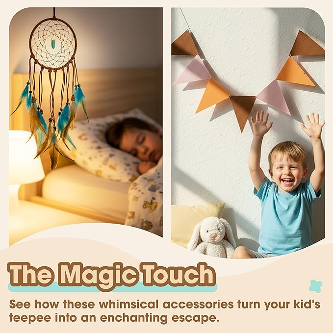 Teepee Tent for Kids with Colorful Flag, Kids Play Tent Indoor with Thicked Mat & Dream Catcher, Toddler Tent with Storage Pockets and Mesh Window for Reading Nook and Imaginative Games