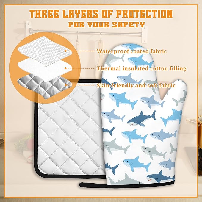 Cute Shark Oven Mitts and Pot Holders Set,Kitchen Decor Heat Resistant Non Slip Hot Pads and Oven Mitt for Chef Cooking Baking BBQ Mom Girl Gifts(4 Piece Set)