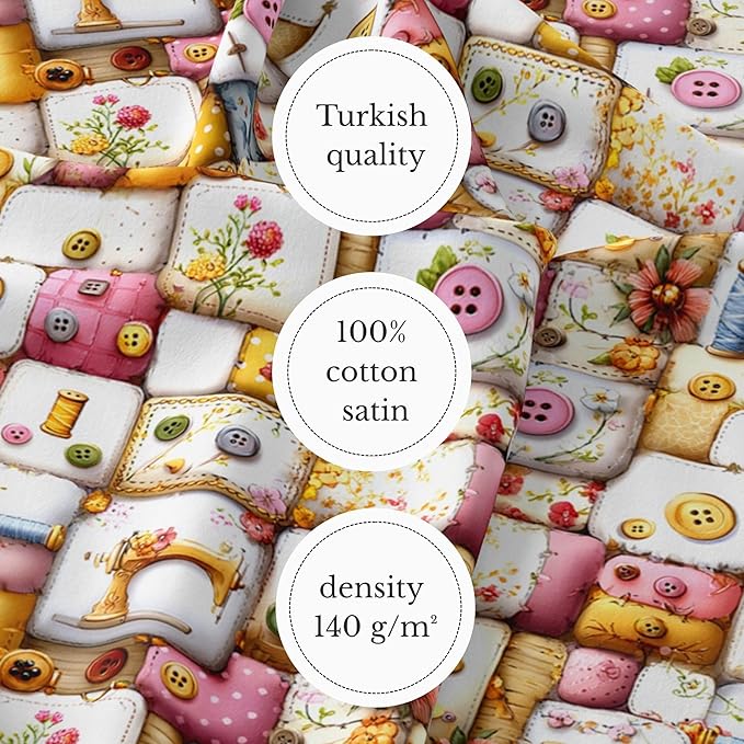 Vintage Sewing Notions Patchwork Cotton Fabric Panel 61 x 36.6 Inches, Buttons & Threads Quilt Print, Soft Pastel Multicolor Tones, 100% Cotton 140 GSM