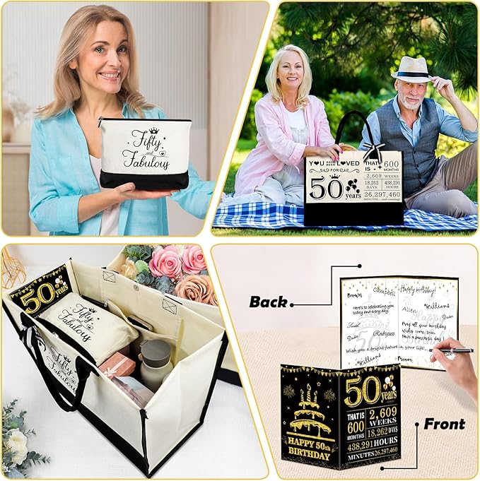 YeohJoy 50th Birthday Gifts for Women 50 and Fabulous Canvas Tote Bag Travel Gear, Unique 50 Years Old Gifts for Wife Sister Mom Aunt Friends Her, Handbag & Cosmetic Bag & 50 Birthday Poster