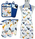 Oven Mitts and Pot Holders with Chef Apron,Set of 5 Heat Resistant Kitchen Gloves and Silicone Non-Slip Potholders Adjustable Neck Buckle Chef Apron, Cotton Nice Design for Cooking (Rooster)