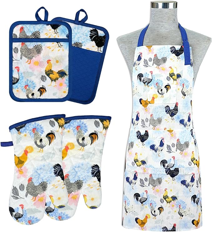 Oven Mitts and Pot Holders with Chef Apron,Set of 5 Heat Resistant Kitchen Gloves and Silicone Non-Slip Potholders Adjustable Neck Buckle Chef Apron, Cotton Nice Design for Cooking (Rooster)