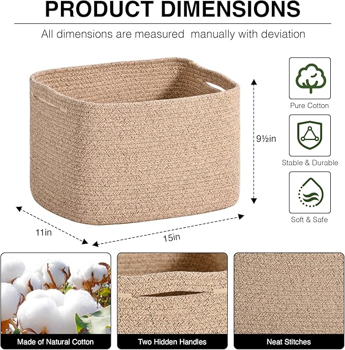 ICERZCZ Woven Cotton Rope Storage Basket for Organizing, Cute Decorative Baskets for Gifts Empty, Organizer Bins for Dog Toy, Baby Laundry, 15“×11”×9.5“, Brown