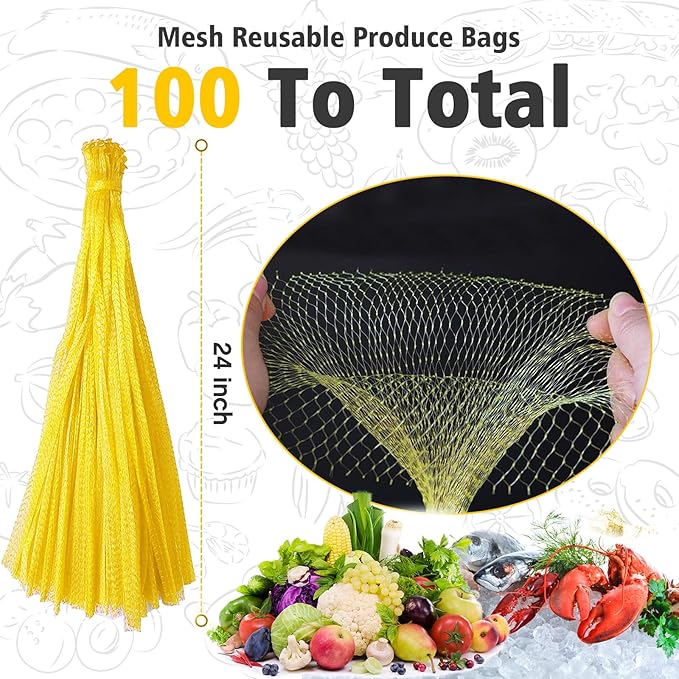 Shellvcase 100Pcs Reusable Produce Mesh Bags, 24’’ Seafood Boil Bags for Crab Clam Shellfish Crawfish Cooking, Mesh Produce Bagfor Onion Potato Vegetable & Garden Produce (Yellow)