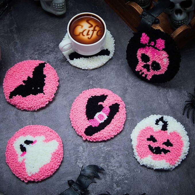 Yaomiao 6 Pcs Halloween Punch Needle Coaster Kit Punch Needle Embroidery Kits with Patterns Yarns Tools Adhesive Felt Embroidery Hoop Instruction Holder for Adult DIY Craft Supplies