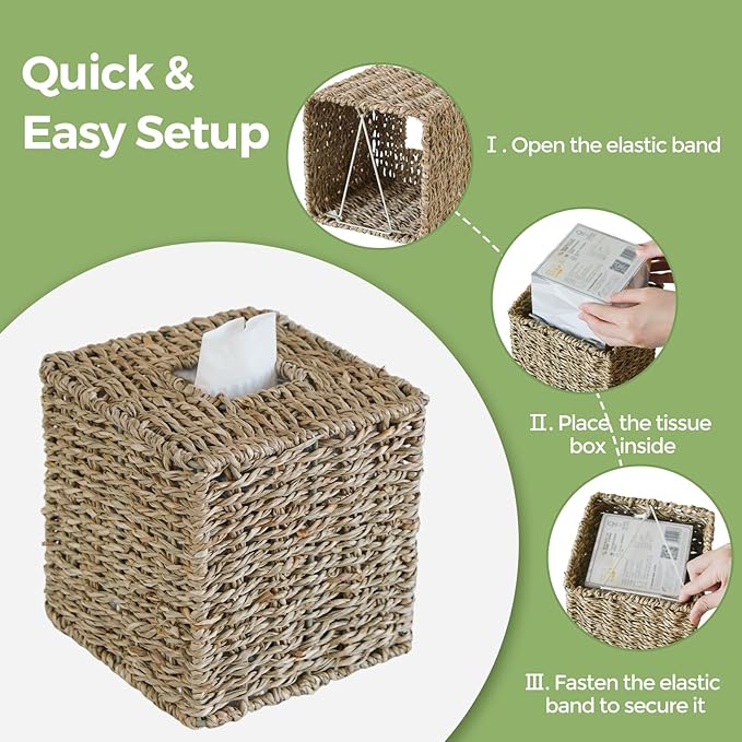 2 Pack Seagrass Tissue Box Cover, Wicker Tissue Box Holder Square, Hand Woven Cube Tissue Box Cover Tissue Holder for Bathroom Living Room Kitchen Office, Natural