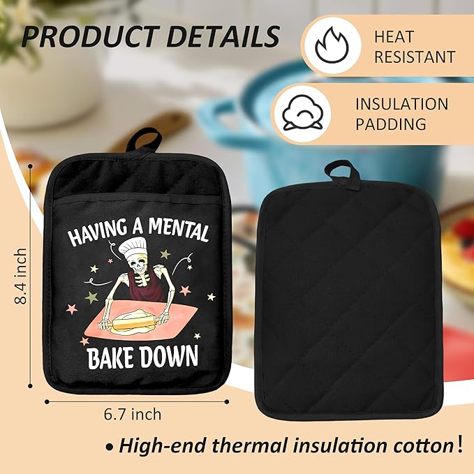 Gothic Skeleton Oven Mitts Set, Funny Baking Gifts for Women, Funny Goth Heat Resistant Kitchen Oven Gloves for Baking and Cooking,Pot Holders