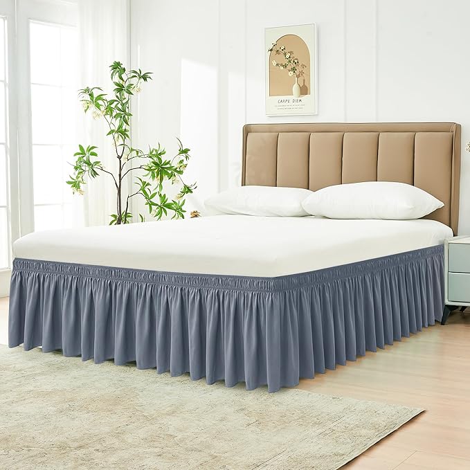Biscaynebay Wrap Around Bed Skirts for King & Cal King Beds Short Drop of 12", Dark Grey Adjustable Elastic Dust Ruffles Easy Fit Wrinkle Resistant Silky Luxurious Fabric Machine Washable