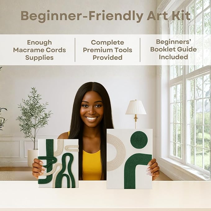 Macrame Kit for Beginners - DIY Rope Canvas Wall Art Kit with Ropes Supplies & Tools | DIY Macrame Art Wall Hanging Decor Starter Set, Craft Kits for Adults, Boho Aesthetic Home Decoration (Green)