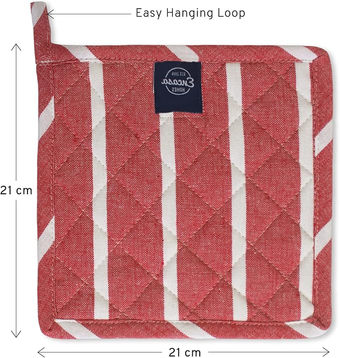 Encasa XO 8 inches Oven Microwave Potholders (2 pc Set) for Kitchen Cooking & Baking - Heat Resistant, Thick & Safe, Protection of Hands from Hot Utensils - Roma Red Stripes