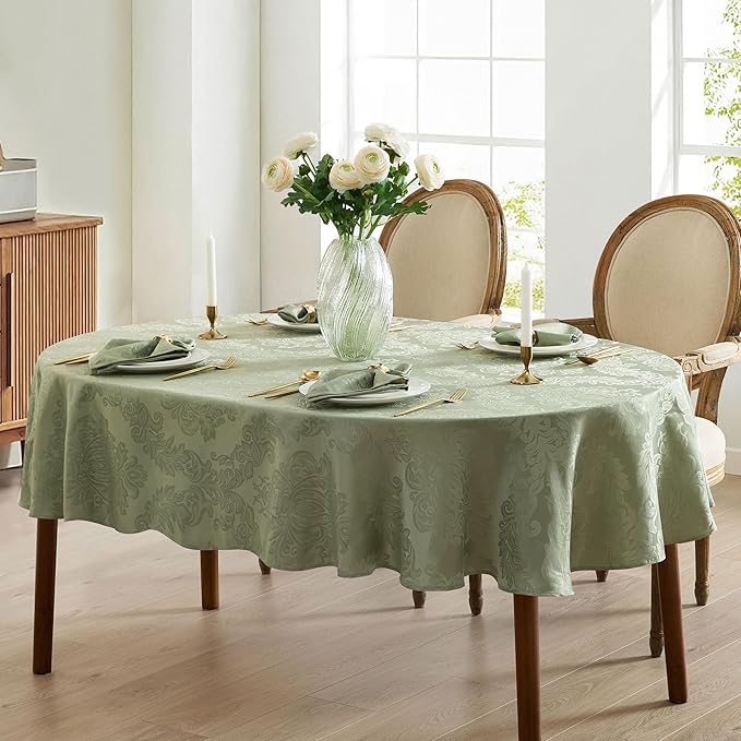 Newbridge Barcelona Damask Fabric Tablecloth, 60 x 84 Inch Oval, Sage Green – No Iron, Soil Resistant Table Cover for Dining, Parties and Holidays