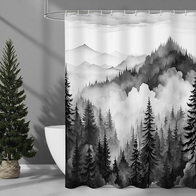 Litabel Black and Grey Misty Pine Forest Shower Curtain, Mountain Foggy Woodland Scenery Tree Shower Curtains for Chic Rustic Bathroom, Abstract Modern Waterproof Nature-Themed Decor, 72x72 Inches
