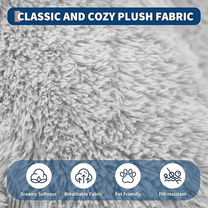 Festisoul Large Plush Dog Bed with Raised Headrest, Orthopedic Pet Bed for Dogs & Cats, Washable Fleece Pet Bed for Large Breeds, White Grey (19x14x9 Inches)